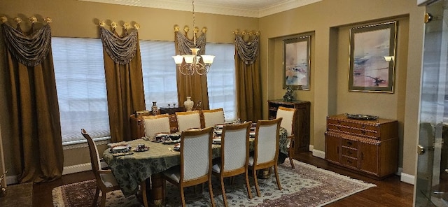 5322 Norborne Ln, Houston, TX 77069 - dining area with a chandelier, ornamental molding, dark wood-style floors, and plenty of natural light