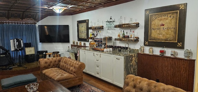 5322 Norborne Ln, Houston, TX 77069 - indoor wet bar featuring an ornate ceiling and dark wood-style floors