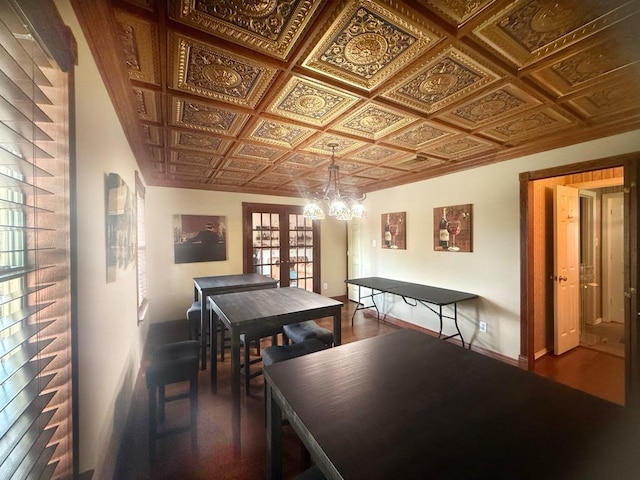 5322 Norborne Ln, Houston, TX 77069 - game room featuring an ornate ceiling, french doors, a chandelier, and dark wood-style floors