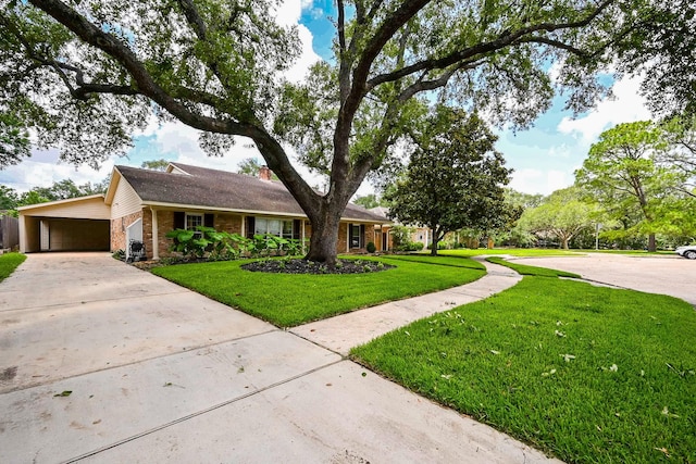 5906 Dumfries Dr, Houston, TX 77096 - ranch-style home featuring concrete driveway, brick siding, a front yard, a chimney, and a garage