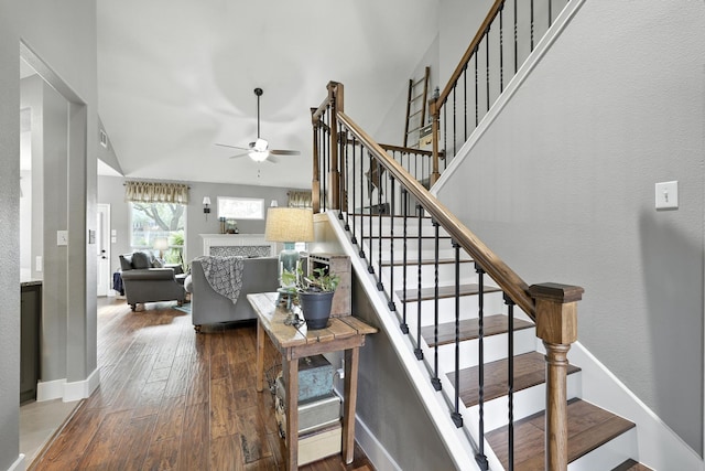 14506 Heron Marsh Dr, Cypress, TX 77429 - staircase with a ceiling fan and hardwood / wood-style flooring