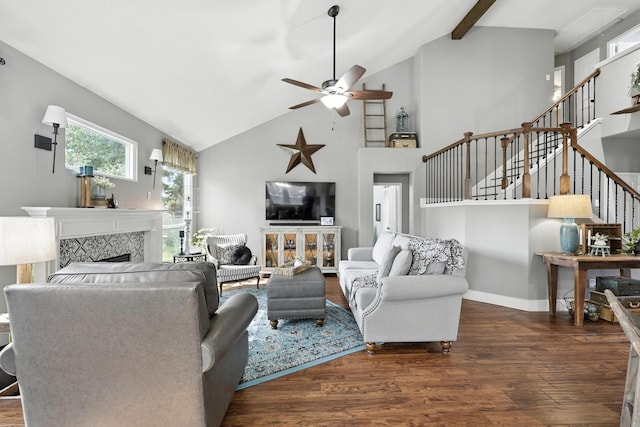 14506 Heron Marsh Dr, Cypress, TX 77429 - living area with wood finished floors, stairway, a fireplace, high vaulted ceiling, and a ceiling fan