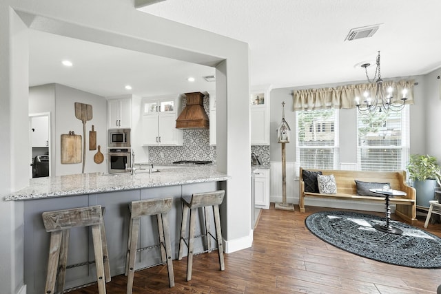14506 Heron Marsh Dr, Cypress, TX 77429 - kitchen with stainless steel appliances, premium range hood, dark wood finished floors, white cabinetry, and decorative backsplash