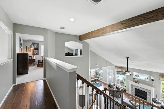 14506 Heron Marsh Dr, Cypress, TX 77429 - hall featuring an upstairs landing, healthy amount of natural light, dark wood-type flooring, and recessed lighting