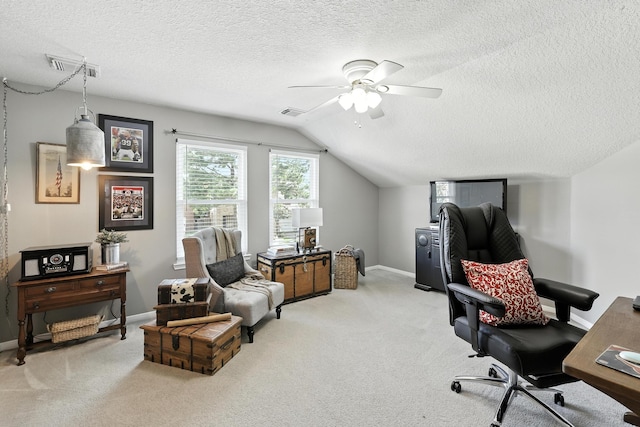 14506 Heron Marsh Dr, Cypress, TX 77429 - office area with ceiling fan, a textured ceiling, vaulted ceiling, and light carpet