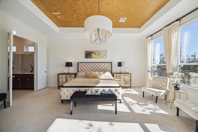 190 Monarch Trl, Sugar Land, TX 77498 - bedroom with a tray ceiling, a chandelier, and light colored carpet