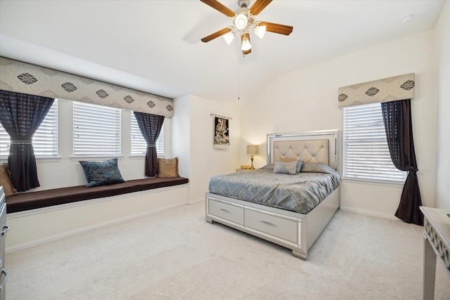 190 Monarch Trl, Sugar Land, TX 77498 - bedroom with light colored carpet, vaulted ceiling, and a ceiling fan