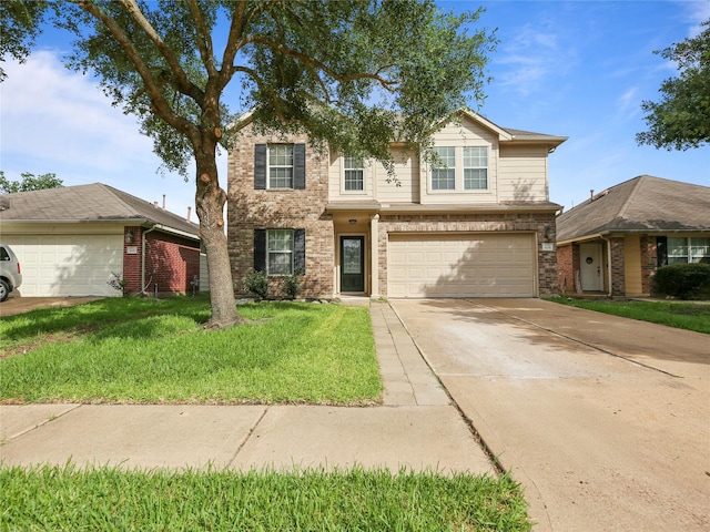 5031 Rustling Branch Ln, Katy, TX 77449 - traditional-style house featuring brick siding, an attached garage, concrete driveway, and a front lawn