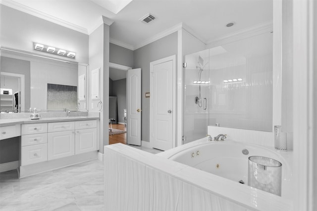 5603 Dolores St, Houston, TX 77057 - bathroom with a shower stall, vanity, ornamental molding, and a jetted tub