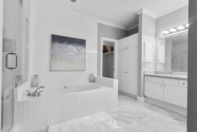 5603 Dolores St, Houston, TX 77057 - full bathroom with crown molding, a garden tub, vanity, a shower stall, and marble finish floors