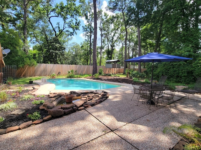711 Holly Springs Dr, Conroe, TX 77302 - view of swimming pool with a fenced backyard, a patio, and view of wooded area