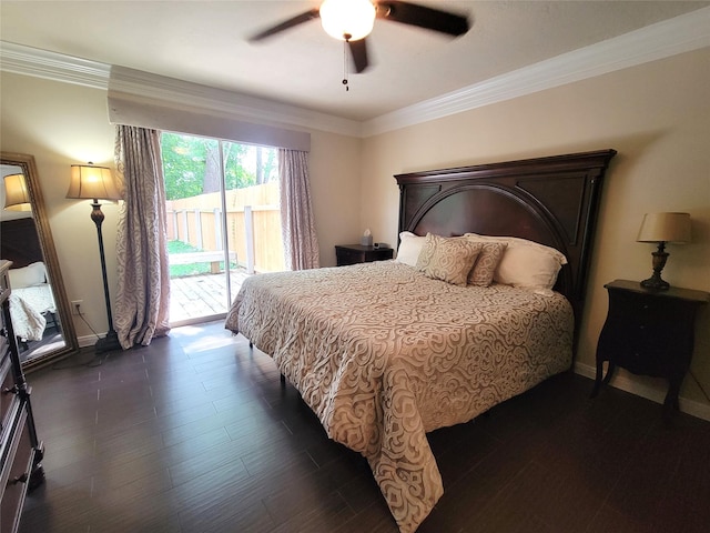 711 Holly Springs Dr, Conroe, TX 77302 - bedroom with access to outside, ceiling fan, dark wood-style flooring, and crown molding