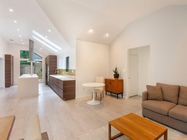 2812 Crossvine, The Woodlands, TX 77380 - living room featuring vaulted ceiling and recessed lighting