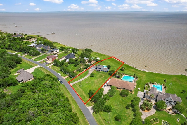 11320 Cedar Gully Rd, Beach City, TX 77523 - aerial overview of property's location with a nearby body of water and property parcel outlined