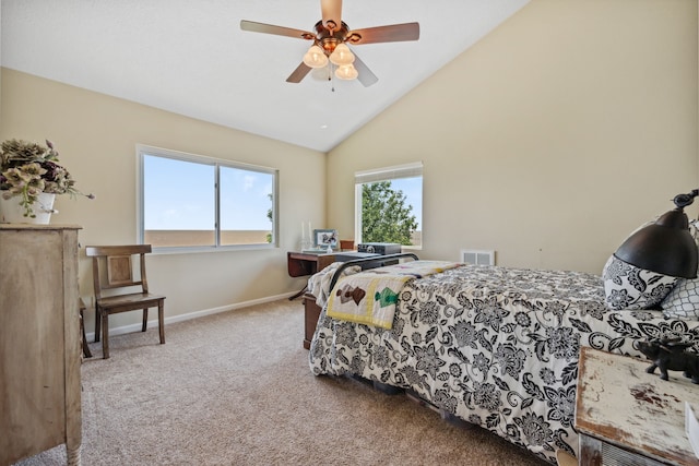 11320 Cedar Gully Rd, Beach City, TX 77523 - bedroom with carpet floors, high vaulted ceiling, and ceiling fan