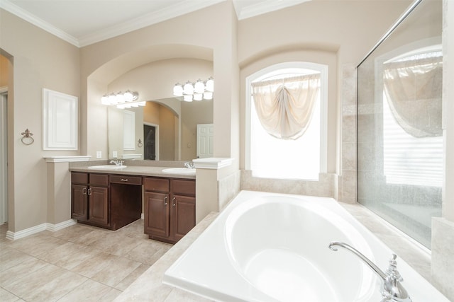 18219 S Austin Shore Dr, Cypress, TX 77433 - full bath with a garden tub, double vanity, and ornamental molding