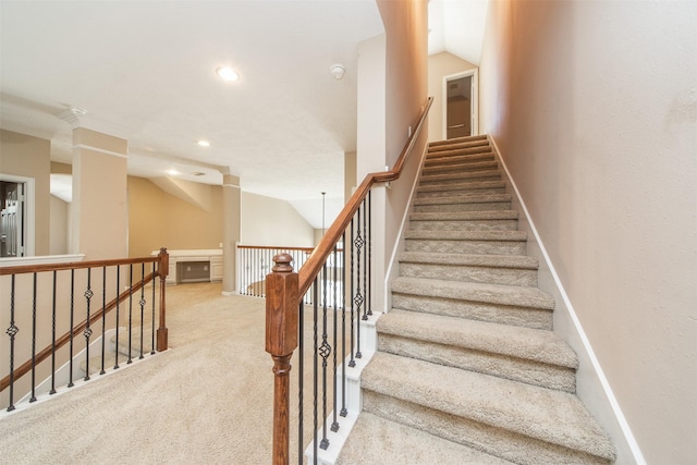 18219 S Austin Shore Dr, Cypress, TX 77433 - stairway featuring carpet floors, recessed lighting, and lofted ceiling
