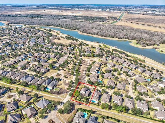 18219 S Austin Shore Dr, Cypress, TX 77433 - aerial perspective of suburban area with a nearby body of water and property parcel outlined