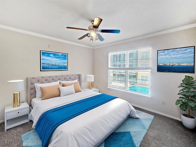 1711 Old Spanish Trl Unit 240, Houston, TX 77054 - carpeted bedroom featuring ornamental molding and a ceiling fan
