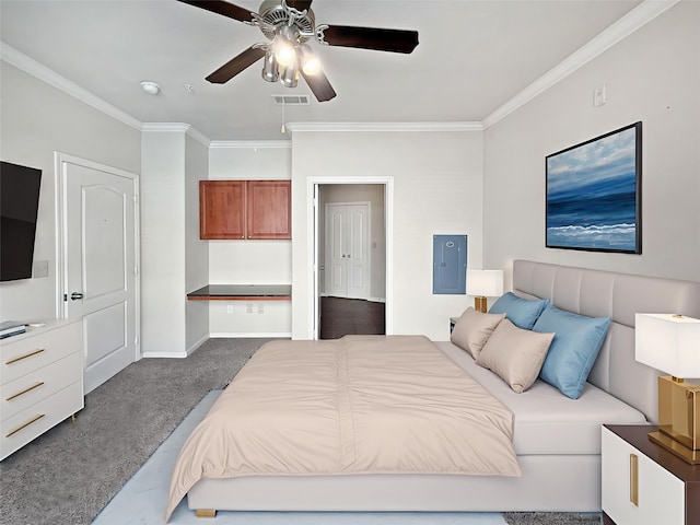1711 Old Spanish Trl Unit 240, Houston, TX 77054 - bedroom featuring ornamental molding, dark carpet, and ceiling fan