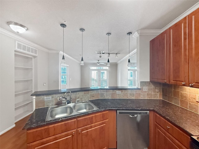 1711 Old Spanish Trl Unit 240, Houston, TX 77054 - kitchen featuring stainless steel dishwasher, crown molding, a ceiling fan, tasteful backsplash, and brown cabinetry