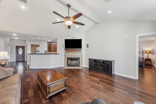 2826 Meadow Brook Ct, League City, TX 77573 - living area with a ceiling fan, beam ceiling, dark wood-style floors, recessed lighting, and high vaulted ceiling