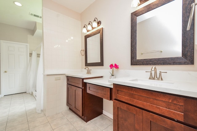1501 Mulberry Ct, Pearland, TX 77581 - bathroom featuring tile patterned flooring, double vanity, and a shower with curtain