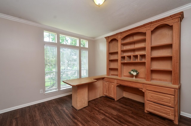1501 Mulberry Ct, Pearland, TX 77581 - unfurnished office featuring ornamental molding, built in study area, and dark wood-style flooring