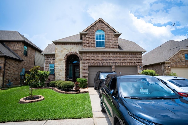 14907 Ashley Creek Ct, Humble, TX 77396 - view of front of house with brick siding, a front yard, roof with shingles, and driveway