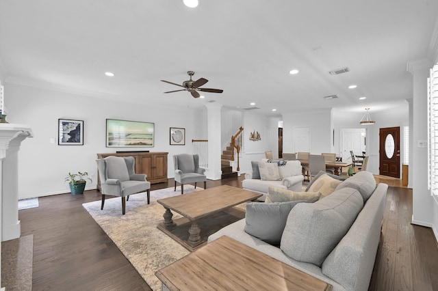 905 Wakefield Dr, Houston, TX 77018 - living area featuring stairway, a ceiling fan, recessed lighting, and dark wood-style floors