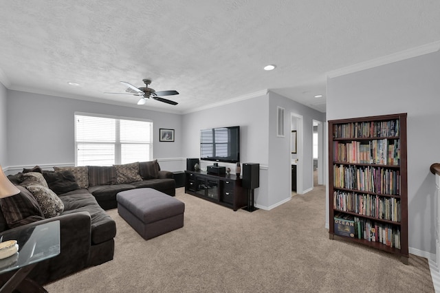 905 Wakefield Dr, Houston, TX 77018 - living room featuring a ceiling fan, a textured ceiling, light carpet, crown molding, and recessed lighting