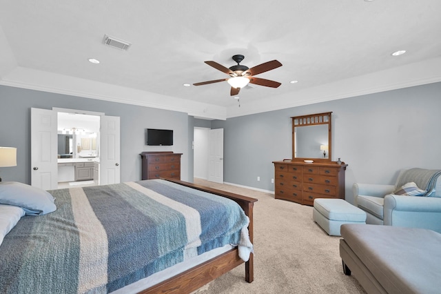905 Wakefield Dr, Houston, TX 77018 - bedroom featuring light carpet, ceiling fan, recessed lighting, crown molding, and connected bathroom