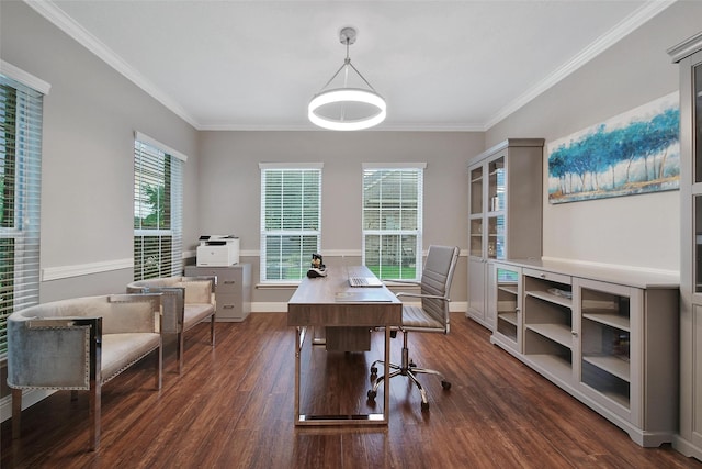 27115 Meadow Sage Ct, Cypress, TX 77433 - home office featuring dark wood-type flooring and ornamental molding