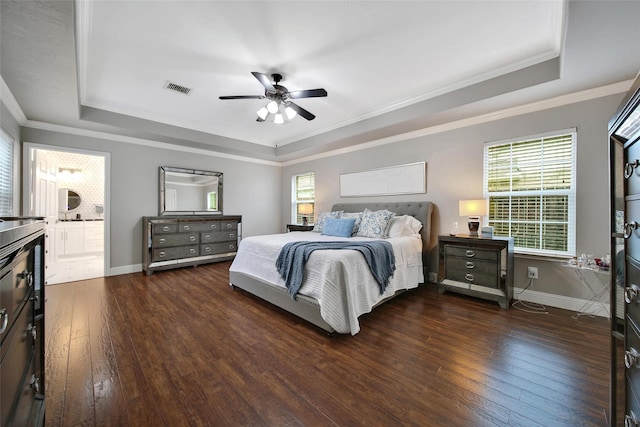 27115 Meadow Sage Ct, Cypress, TX 77433 - bedroom with a tray ceiling, dark wood finished floors, ornamental molding, and ceiling fan