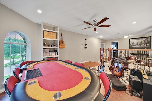 27115 Meadow Sage Ct, Cypress, TX 77433 - rec room featuring a ceiling fan, wood finished floors, and recessed lighting