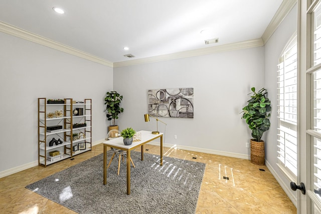 4602 Gladesdale Park Ln, Katy, TX 77450 - tiled office space featuring ornamental molding, plenty of natural light, and recessed lighting