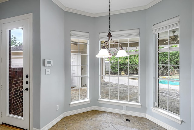 4602 Gladesdale Park Ln, Katy, TX 77450 - unfurnished dining area featuring ornamental molding, a ceiling fan, and light tile patterned flooring