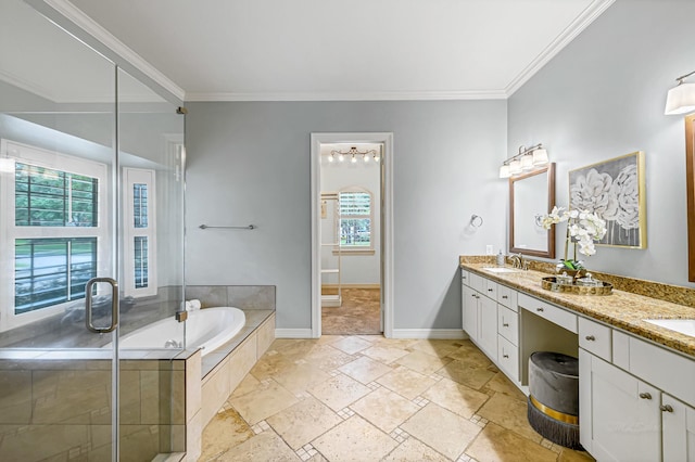 4602 Gladesdale Park Ln, Katy, TX 77450 - bathroom featuring double vanity, a bath, crown molding, stone tile floors, and a stall shower