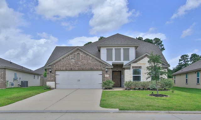 40569 Mostyn Lake Dr, Magnolia, TX 77354 - view of front facade featuring a shingled roof, an attached garage, brick siding, concrete driveway, and a front lawn