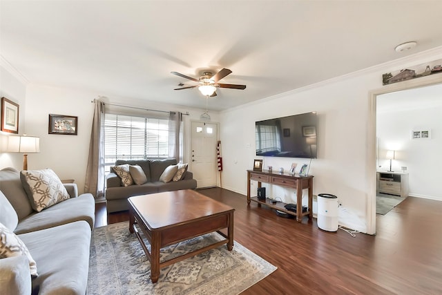 1311 Antoine Dr Unit 110, Houston, TX 77055 - living room featuring dark wood-type flooring, ceiling fan, and ornamental molding