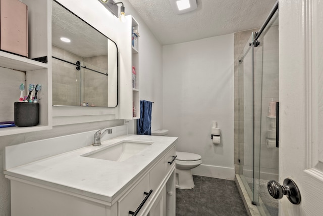 826 Rosewick St, Houston, TX 77015 - full bath featuring a shower stall, vanity, tile patterned flooring, and a textured ceiling