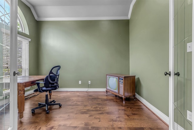 2206 Chelsea Creek Ln, Spring, TX 77386 - office area featuring wood finished floors, ornamental molding, lofted ceiling, and french doors