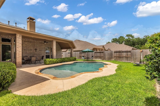 2206 Chelsea Creek Ln, Spring, TX 77386 - view of swimming pool with a fenced backyard, ceiling fan, and a patio