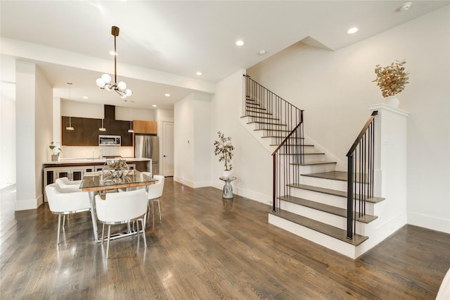 1919 Rosewood St, Houston, TX 77004 - dining space featuring stairs, dark wood-type flooring, a chandelier, and recessed lighting
