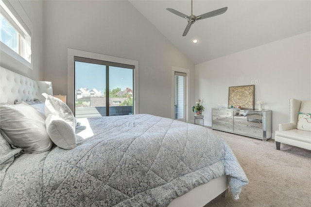 1919 Rosewood St, Houston, TX 77004 - carpeted bedroom featuring access to exterior, high vaulted ceiling, recessed lighting, and ceiling fan