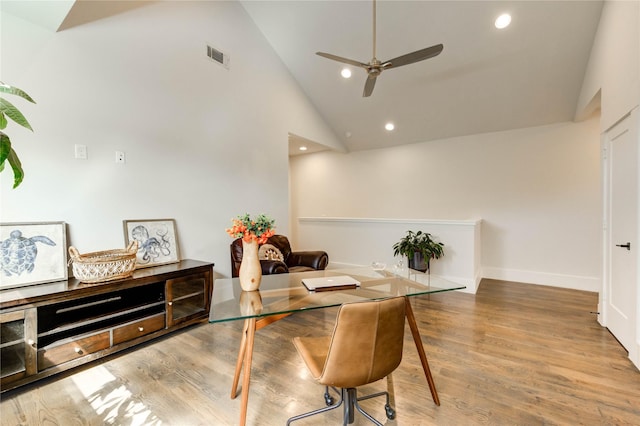 1919 Rosewood St, Houston, TX 77004 - office with a ceiling fan, high vaulted ceiling, wood finished floors, and recessed lighting