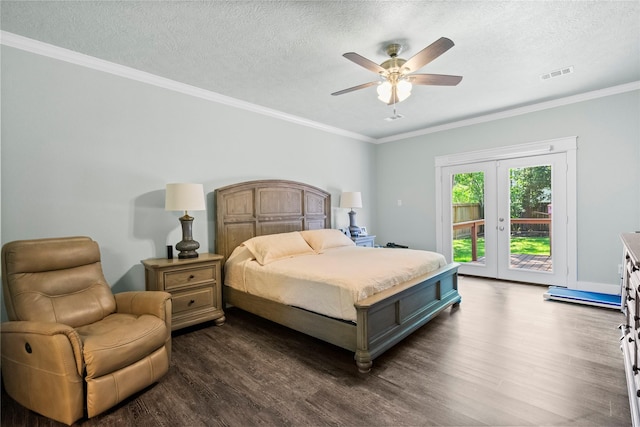 2318 Pleasant Crk, Houston, TX 77345 - bedroom featuring access to exterior, dark wood finished floors, crown molding, a textured ceiling, and a ceiling fan