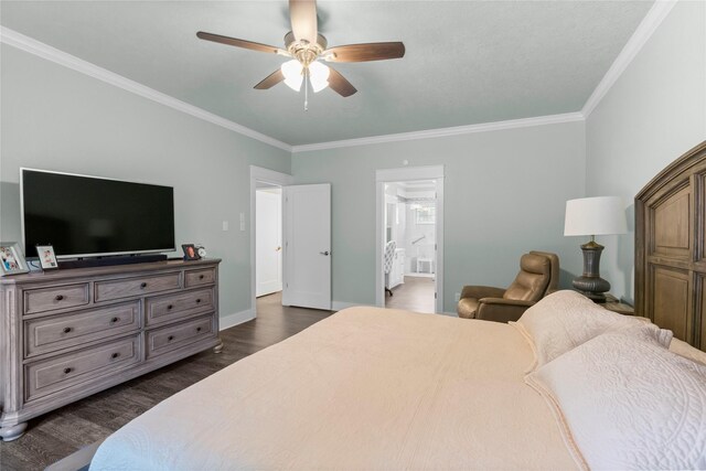 2318 Pleasant Crk, Houston, TX 77345 - bedroom with crown molding, dark wood finished floors, ensuite bathroom, and a ceiling fan