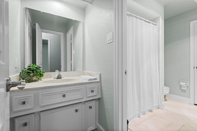 2318 Pleasant Crk, Houston, TX 77345 - bathroom with vanity, a textured wall, curtained shower, and tile patterned flooring