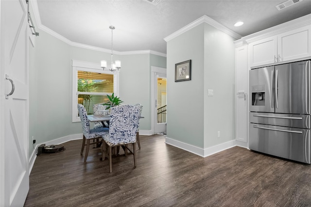 2318 Pleasant Crk, Houston, TX 77345 - dining area featuring a chandelier, dark wood-style flooring, ornamental molding, and recessed lighting